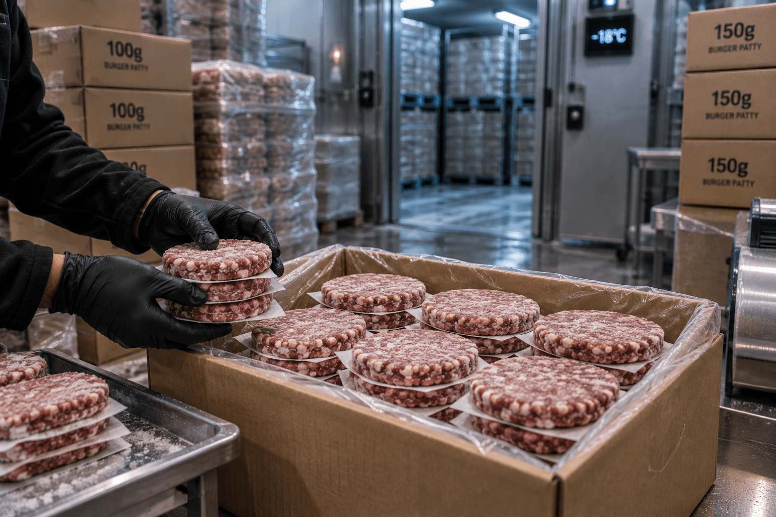 Dondurulmuş 100g ve 150g köfte kutuları ve soğuk depo