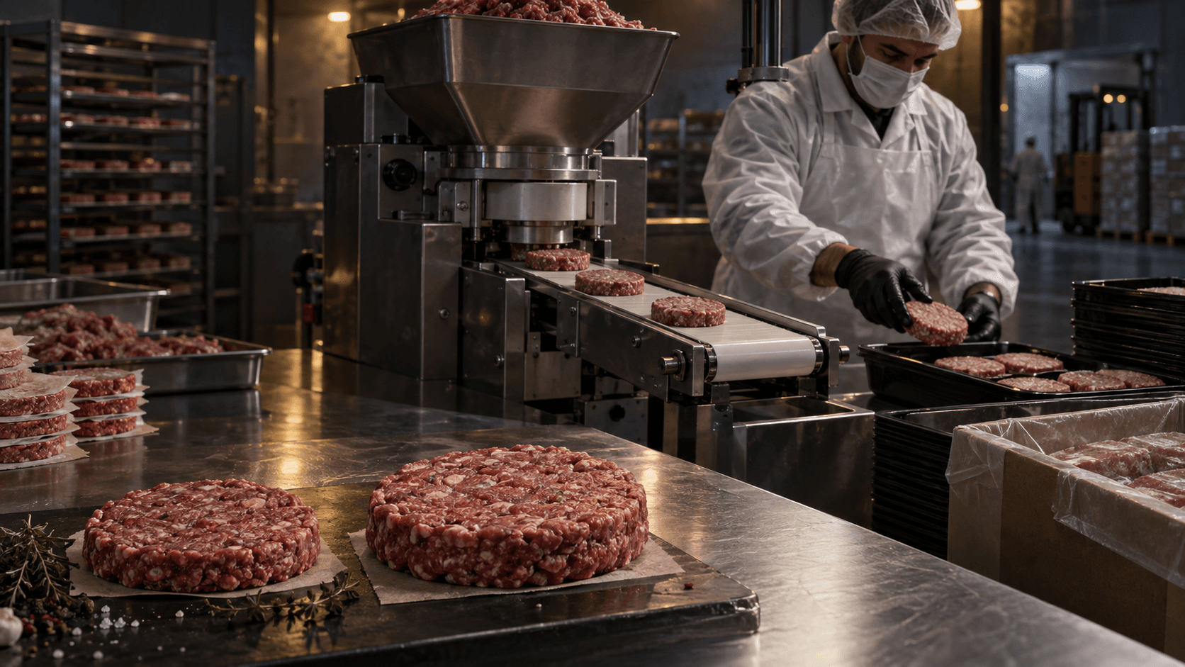 Burger Zamanı üretiminde köfte formasyon makinesi ve operatör